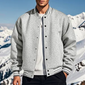 Men's grey fleece varsity jacket with retro American style and striped trim detail