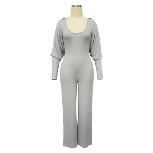 Grauer gerippter Jumpsuit-Set mit passendem langärmeligem Bolero für Damen