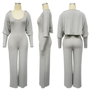 Eleganter grauer gerippter ärmelloser Jumpsuit mit passendem langärmeligem Schultertop
