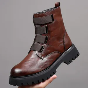 Detailed view of dark brown leather Martin boots featuring thick lug soles and buckles.