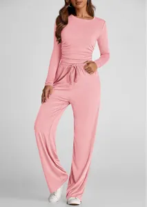 Ensemble détente rose 2 pièces pour femme avec haut plissé à manches longues et pantalon large