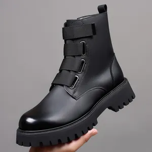 Detail side view of premium black leather Martin boot featuring triple Velcro straps