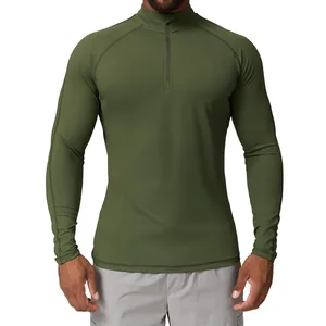 T-shirt de sport pour hommes à quart de zip, séchage rapide, vert olive pour fitness
