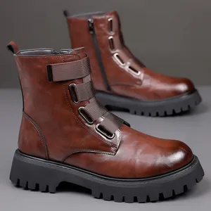 Detailed side view of brown leather British style motorcycle boots with thick soles