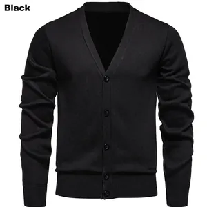 Men's V-Neck Casual Cardigan Sweater Ribbed Hem Solid Color Long Sleeve Knitted Jacket For Autumn Winter Adult Office