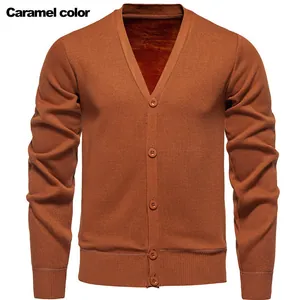 Men's V-neck knit cardigan sweater with warm fleece lining in caramel color