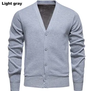 Premium men's casual V-neck light gray cardigan sweater featuring a stylish ribbed hem