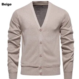 Classic beige men's casual V-neck knitted cardigan sweater with ribbed hem and buttons