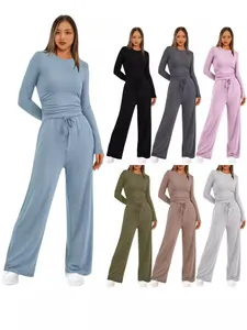 Ensemble Deux Pièces Pantalon Femme Décontracté Top Manches Longues Plissé Col Rond et Pantalon Large Cordon de Serrage Couleur Unie