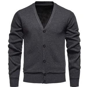 Classic men's slim fit V-neck knitted cardigan sweater with ribbed cuffs in dark grey