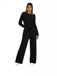 Ensemble deux pièces noir pour femme avec haut plissé à manches longues et pantalon large