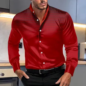 Dettaglio della stampa sfumata a pois neri sulla camicia rossa slim con colletto mao.