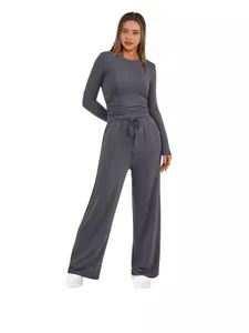 Ensemble deux pièces décontracté avec haut plissé à manches longues et pantalon large