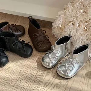 Stylish baby girl high-top boots with decorative bows in black brown and silver