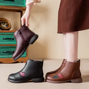 Stivaletti Invernali Caldi da Donna Foderati in Lana Ricamo in Microfibra Pelle Antiscivolo Cerniera Laterale Scarpe Casual Mama