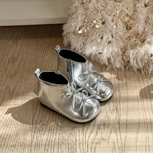 Silver metallic toddler boots with bow details and side zipper for baby girls