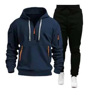 Men Casual Sports Tracksuit Fleece Lined Hoodie and Jogger Pants Set Multi Pocket Half Zip Long Sleeve Solid Color Warm Autumn Winter Workout Outfit
