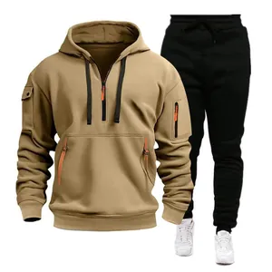 Close-up of the khaki half-zip hoodie and black joggers from a men's multi-pocket sports set.