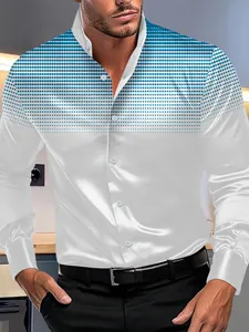 Camicia casual da uomo a maniche lunghe con sfumatura a pois blu e colletto alla coreana.