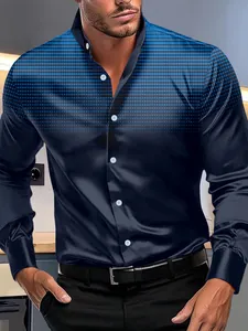 Camicia da uomo blu navy a maniche lunghe con stampa a pois sfumata e colletto alla coreana