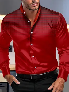 Camicia da uomo rossa con collo alla coreana, maniche lunghe e stampa a pois neri