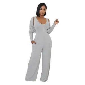 Modisches graues geripptes Zweiteiler-Set mit Tank-Jumpsuit und Langarm-Shrug