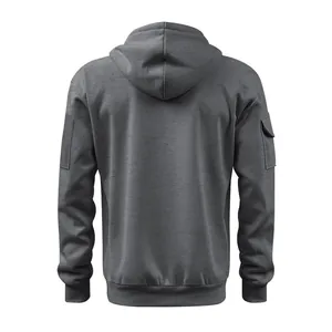 Back view of a charcoal grey men's sports hoodie featuring a functional sleeve pocket