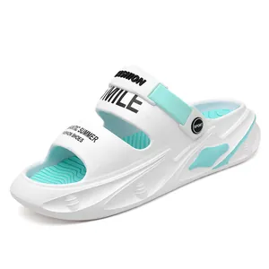 Detailed side view of white and mint green men's summer sandals with thick sport soles