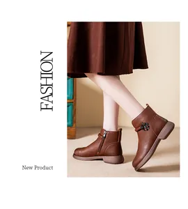Brown leather ankle boots with floral detail for middle-aged women's winter wear