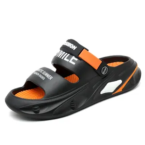 Sporty men's fashion beach sandals in black and orange with durable thick anti-slip sole