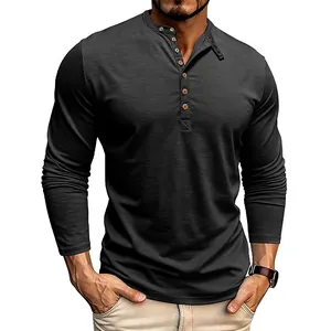 Detail view of charcoal long-sleeve slub polyester Henley shirt with button placket