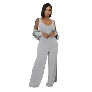 Grauer gerippter Jumpsuit mit V-Ausschnitt und passendem Bolero-Strickjacken-Set für Damen
