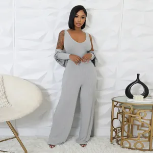 Graues, hoch elastisches 3-teiliges Lounge-Set mit Jumpsuit und langärmligem Bolero