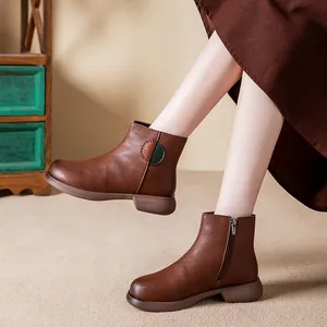Brown leather-like winter ankle boots for women with warm lining and side zipper