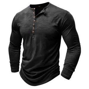 Macro view of men's long-sleeved slub Henley shirt showing fabric texture and buttons