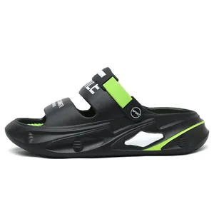 Side view of black and neon green dual-use sports sandals with a thick cushioning sole
