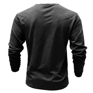 Back view detail of men's long-sleeve slub fabric shirt in charcoal grey color