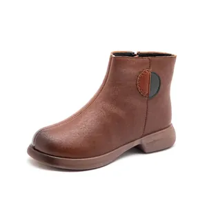 Women's warm brown leather ankle boots with side zipper and non-slip sole.