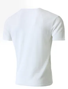 Detailed back view of white men's slim fit athletic shirt with seersucker textured fabric