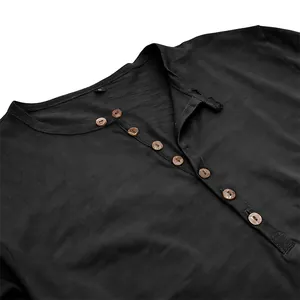 Close-up of black men's Henley shirt showing wooden buttons and slub fabric texture