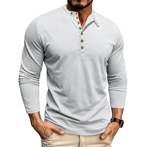 Detailed macro shot of a men's white slub polyester long sleeve Henley shirt with wood buttons