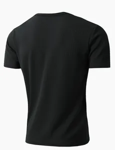 Back view of black slim fit men's t-shirt with seersucker textured fabric detail