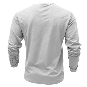 Detailed back view of a men's light grey slub fabric long sleeve t-shirt garment