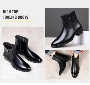 Detailed view of men's black high-top leather boots with side zipper design