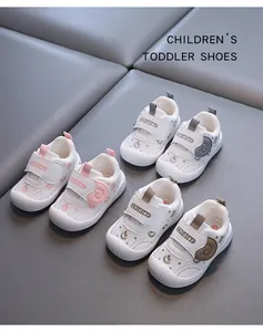Detailed view of breathable white toddler shoes in pink, grey, and brown color options.