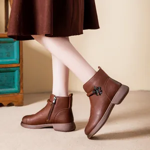 Women's Middle-Aged Mother Winter Boots Microfiber Leather Plush Lined Warm Ankle Boots Non-Slip Flower Decor Side Zipper Casual Shoes