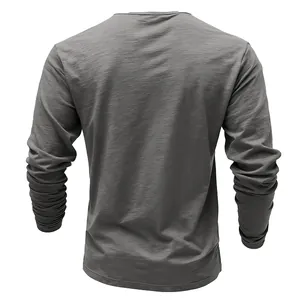 Detailed back view of premium men's slub fabric long sleeve T-shirt in charcoal gray