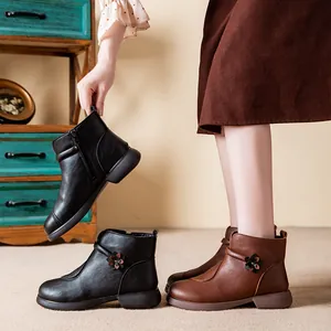 Comfortable warm winter ankle boots for elderly women with flower detail and zipper