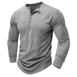 Casual men's grey slub fabric long sleeve Henley shirt with wood-look button placket