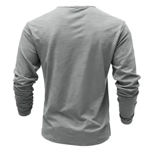 Detailed back view of a grey slub knit long-sleeved T-shirt for men with round neck